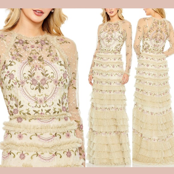 NWT MAC DUGGAL [ 16‎ ] 8030 Polka Dot Long Sleeve Floral Ruffle Tired Gown S1843 - Picture 1 of 15